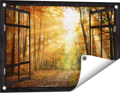 Gards Tuinposter Doorkijk Herfstbos met Zonneschijn - 60x40 cm - Tuindoek - Tuindecoratie - Wanddecoratie buiten - Tuinschilderij