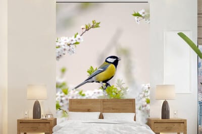 Behang - Fotobehang Vogel - Koolmees - Bloemen - Bloesemboom - Breedte 145 cm x hoogte 220 cm