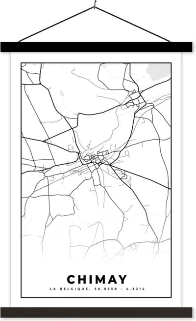 Posterhanger incl. Poster 40x60 cm - Schoolplaat - België – Chimay – Stadskaart – Kaart – Zwart Wit – Plattegrond - Textielposter - Zwarte latten - Stadskaart
