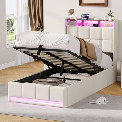 Eenpersoonsbed 90x200 cm – Beige Linnen Bed met Gasveer, LED Hoofd- en Voetbord, USB/Type-C Oplaadfunctie