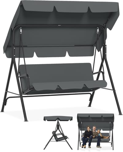 Froadp Grijs Hollywood Hangmat 3-zits met verstelbaar zonnedak Tuinhangmat tot 200 kg Weerbestendige Hangmatbank met comfortkussens & Anti-slip poten Voor Tuin, Balkon 175,5x110x152cm