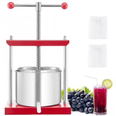 VEVOR Fruitwijnpers Fruitmolen Appelmolen (6 L) met 2 roestvrijstalen vaten, handmatige sapcentrifuge, ciderpers Appelpers Druivenpers Olijfoliepers Sapcentrifuge met T-greep voor keuken Thuis