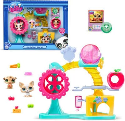 Littlest Pet Shop - Fun Factory speelset - Pet Shop speelset met 2 dieren, decor en accessoires - hond en hamster Schattige huisdierspeelgoedset - kinderspeelgoed 4+ jaar - BF00519