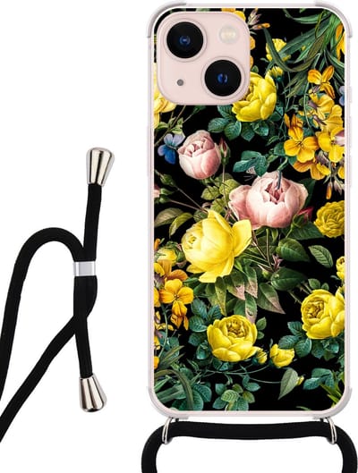 Hoesje met koord - Geschikt voor iPhone 13 - Bloemen geel - Verstelbaar zwart koord - Transparant, Geel - Bloemen - Leuke Telefoonhoesjes