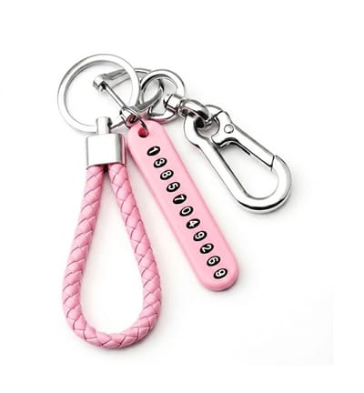 Roze anti verlies sleutelhanger met telefoonnummer strip, metalen clip en gevlochten band – sleutelhanger voor dames en heren – sleutel hanger met nummer label, karabijnhaak en metalen sleutelring