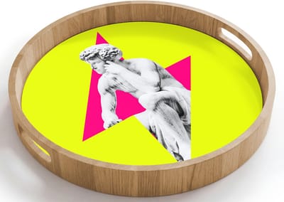 Dienblad rond 40x40 cm - Schootdienblad hout - Beeld - Man - Bliksemschicht - Geel - Borrelplank rechthoek - Plateau houten dienbladen