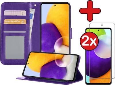 Hoesje - Met 2x Screenprotector - Geschikt voor Samsung Galaxy A52 5G - Luxe Pasjeshouder - Flip Case - Bookcase Portemonee - Kunstleer Book Case - Flipcase Hoes - Book Cover - Walletcase - Portemonneehoes - Telefoonhoes - Paars