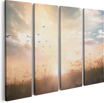 Artaza Canvas Schilderij Vierluik Silhouet Vogels Tijdens Zonsopkomst - 80x60 - Foto Op Canvas - Canvas Print