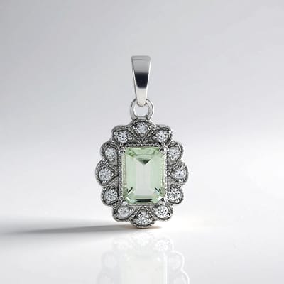 Cavill - Zilveren Hanger - 925 Sterling Zilver Geplatineerd - Groene Amethist 1 253 ct Octagon - 12 Zirkonia 0 404 ct - Elegant 25x14 mm