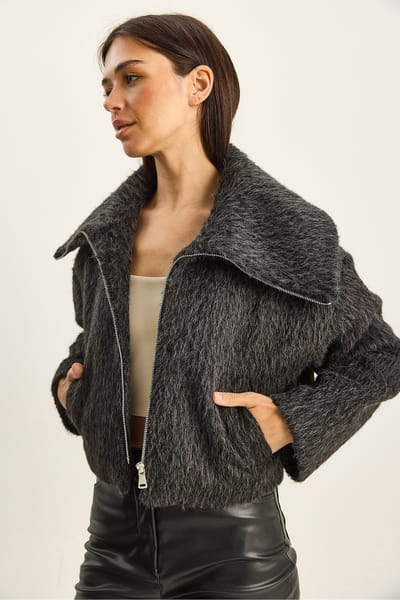Textuurrijke Pluche Bomber met Ritsluiting