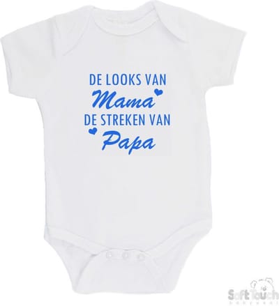 100% katoenen Romper "De looks van mama, De streken van papa" Jongens Katoen Wit/blauw Maat 62/68