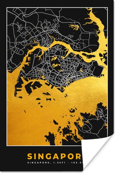 Poster Singapore - Stadskaart - Goud - Plattegrond - Kaart - 120x180 cm XXL