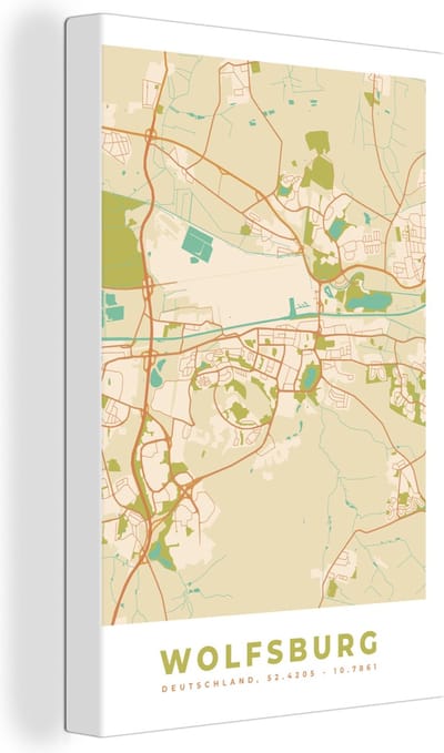 Canvas Schilderij Wolfsburg - Vintage - Kaart - Plattegrond - Stadskaart - 20x30 cm - Wanddecoratie