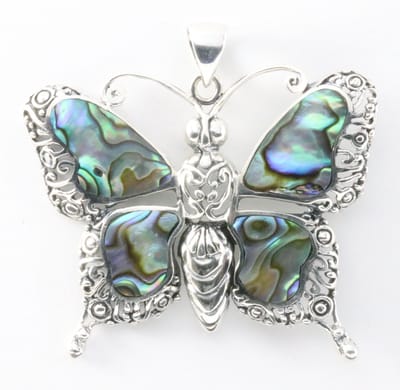 Grote zilveren vlinder hanger met abalone schelp