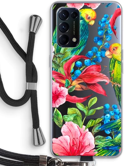 Case Company® - Hoesje met koord geschikt voor Oppo Find X3 Lite hoesje met Koord - Papegaaien - Telefoonhoesje met Zwart Koord - Bescherming aan alle Kanten en Over de Schermrand