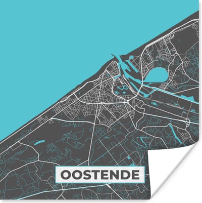 Poster Stadskaart – Grijs - Kaart – Oostende – België – Plattegrond - 100x100 cm XXL