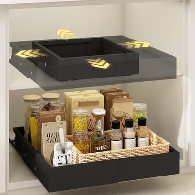 SnelShoppen - 2 Stuks Kleine Telecopische Lade 4 Richtingen, Uittrekbare Keukenlade Metalen Kastlade Organizer 26-41 cm, Verstelbare Breedte, Zwart