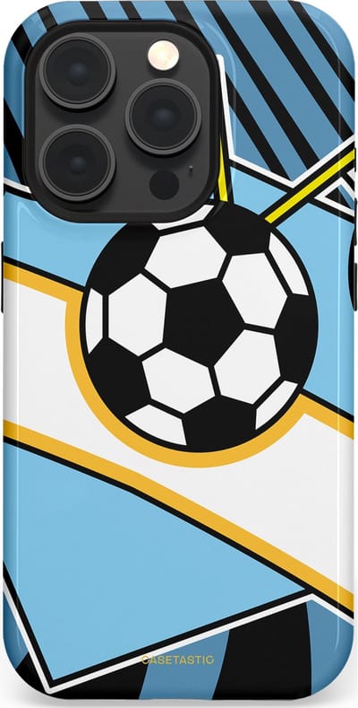 Casetastic hoesje geschikt voor Apple iPhone 15 Pro - MagSafe - Dubbellaagse bescherming - Kampioensbal - Fashion Case - Lichtblauw Zwart Wit