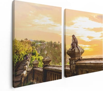 Artaza Canvas Schilderij Tweeluik Aap Op De Uluwatu Tempel In Bali - 120x80 - Foto Op Canvas - Canvas Print
