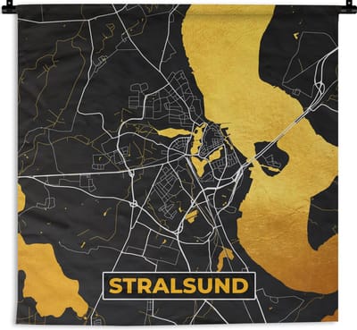 Wandkleed - Wanddoek - Duitsland – Black and Gold – Stralsund – Stadskaart – Kaart – Plattegrond - 180x180 cm - Wandtapijt