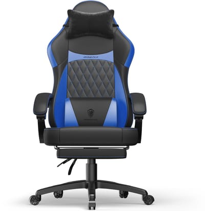 Dowinx Ergonomische Bureaustoel / Gamingstoel – Met Massagefunctie – Met Voetensteun – Voor Thuiswerken En Gamen – Pocketveren Zitkussen – Dubbel gevoerde Rugleuning & Verstelbaar Lendenkussen – Met Armleuningen en Voetensteun-Zwart en blauw