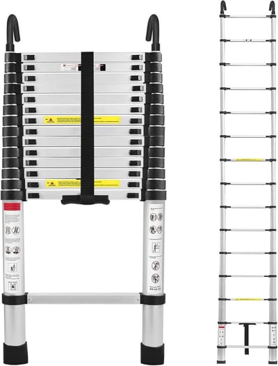 Telescoopladder 4,4 m Aluminium met Antislip Voeten en Afneembare Haken - Opvouwbaar en Geschikt voor Binnen en Buiten