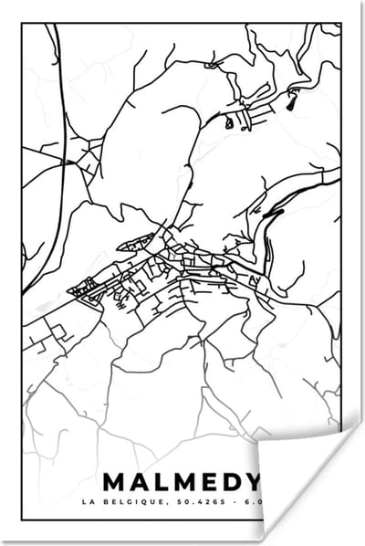 Poster Plattegrond – Malmedy – Zwart Wit – Stadskaart - Kaart - België - 120x180 cm XXL
