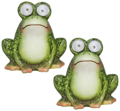 Gerimport Tuinbeeld dier kikker zittend - 2x - kunststeen - H11 cm - groen - Solar light ogen