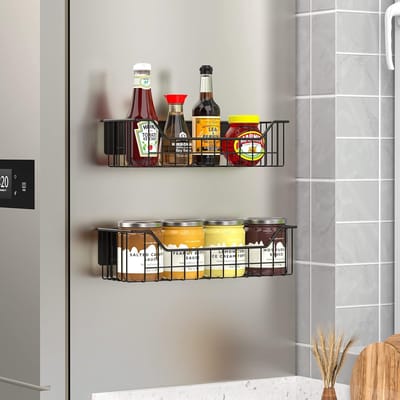 JGS ® Magnetisch kruidenrek zwart, 2 stuks hangende koelkastplankmagneten kruidenhouder metalen keukenplank kruidenorganizer kruidenrek zonder boren zelfklevend