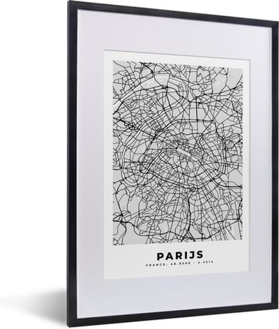 Fotolijst incl. Poster Zwart Wit- Parijs - Stadskaart - Zwart Wit - Plattegrond - Kaart - 30x40 cm - Posterlijst