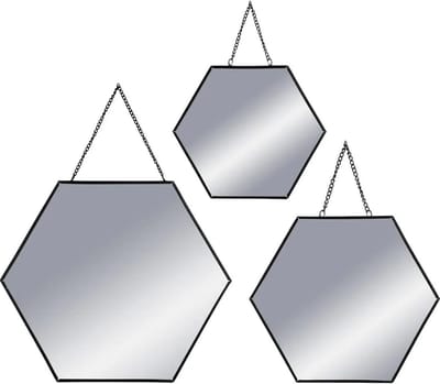 Atmosphera Wandspiegels - hexagons - 3x st - zwart metaal - met ketting - spiegels - Woondecoratie/accessoires