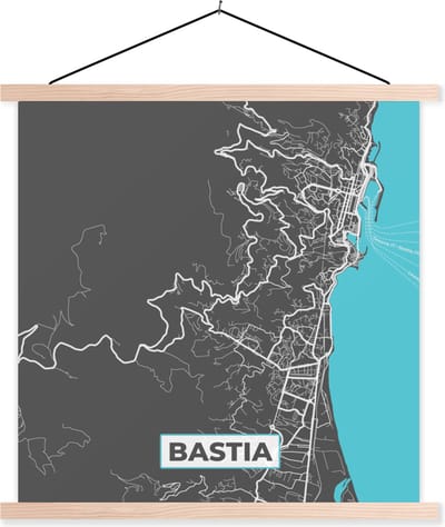 Posterhanger incl. Poster 40x40 cm - Schoolplaat - Frankrijk - Bastia - Plattegrond - Kaart - Stadskaart - Textielposter - Blanke latten - Stadskaart