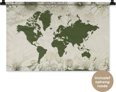 Wandkleed WereldkaartenKerst illustraties - Groene wereldkaart versierd met illustaties van bloemen Wandkleed katoen 60x40 cm - Wandtapijt met foto