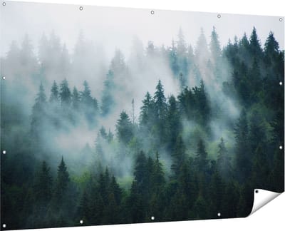 Gards Tuinposter Bos met Bomen in de Mist - 180x120 cm - Tuindoek - Tuindecoratie - Wanddecoratie buiten - Tuinschilderij