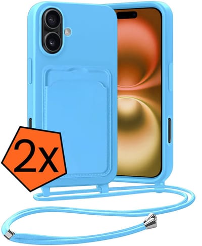 Hoesje Geschikt voor iPhone 16 Plus Hoesje Met Telefoonketting Pasjeshouder Case Koord - Hoesje Geschikt voor iPhone 16 Plus Hoes Met Kaarthouder - Lichtblauw - 2 PACK