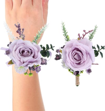 Pols Corsage Set - Bruidsmeisje Bloem - Feestelijke Decoratie - Met Lint Verstelbaar - 80 x 80 mm - Paars