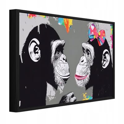 WALLARENA - Schilderij op canvas in zwarte lijst - 100x70 cm - streetart apen in graffiti stijl - stoere wanddecoratie voor woonkamer en slaapkamer