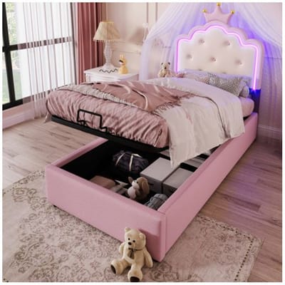 Gestoffeerd bed - MUVOE - 90 x 200 cm - Afstandsbedienbare LED-verlichting - Hydraulische opbergruimte - Roze roze