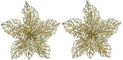 Bellatio Decorations Kersthangers - 2x - 23 cm - glitter bloem - goud - kerstboom decoratie - gouden kerstversieringen