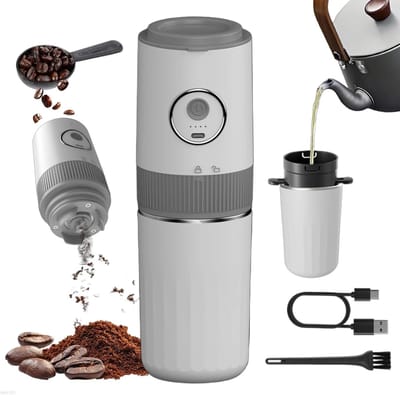 Draagbare elektrische koffiemolen — Compacte maalmachine — Koffiezetset — Ingebouwd filter & koffiekopje — Ideaal voor kamperen, reizen, kantoor, espresso, pour-over koffie en meer — Crèmewit