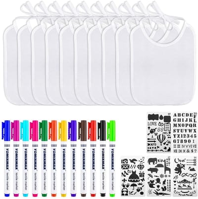 Dailygoods- Slabbetjes Baby - 14 Witte Slabbetjes - 12 Textielstiften - 5 Schildersjablonen - Perfect als Cadeau - Voor Babyshower Feest - Schilderen