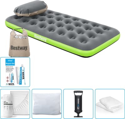 Bestway luchtbed - 1-Persoons - 99 x 188 x 22 cm - Grijs/Groen - Inclusief Hoeslaken - Kussen - Kussenbeschermer - Pomp en Reparatieset