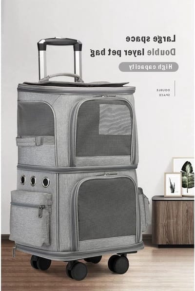 Reistas Hondenbuggy - Dubbellaags Trolley - Comfortabel Reizen - Ademend Transparant Venster - Verstelbare Trekstang - Grijs