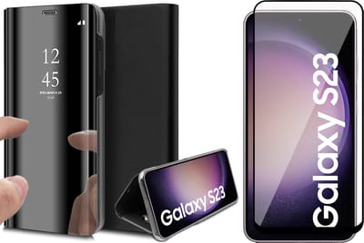 Hoesje geschikt voor Samsung Galaxy S23 - Screen Protector FullGuard - Book Case Spiegel Zwart & Screenprotector