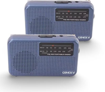 Voordeelset van 2 mini Radio's - QINGLV - Kleine Radio op Batterijen - AM/FM - Kleur: Blauw - Perfect voor Noodpakket - Werkt op AA-batterijen - Draagbare Noodradio voor Rampen