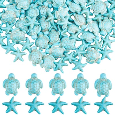 24x Kralen natuursteen - Zeester en schildpad - Kralen rijgen - Bedeltjes armband - Beads set turtle and starfish - Ibiza style - Turquoise - DIY sieraden maken - Jonyx