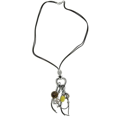 Behave - Lange ketting leren koord met keramieke hangers - 62 cm - Trendy bohemian sieraden