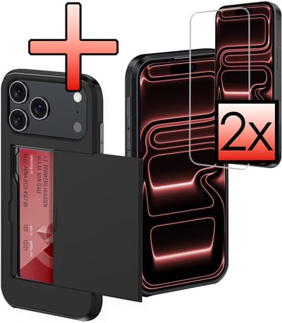 Hoes Geschikt voor iPhone 17 Pro Hoesje Pasjeshouder Hard Cover Met 2x Screenprotector Shock Proof Hard Case Hoes Met Kaarthouder - Zwart