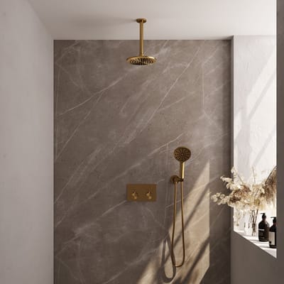 Brauer Gold Edition thermostatische inbouw regendouche met drukknoppen SET 59 met 20 cm douchekop en plafondarm en 3-standen handdouche en doucheslang en wandaansluitbocht goud geborsteld PVD