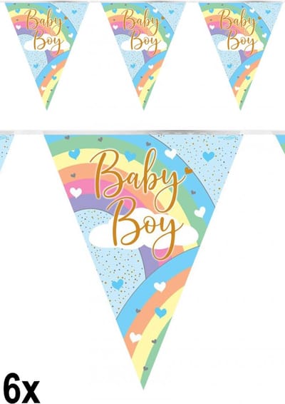 6x Vlaggenlijn pastel baby boy regenboog Holograpic - Vlaglijn geboorte thema feest party